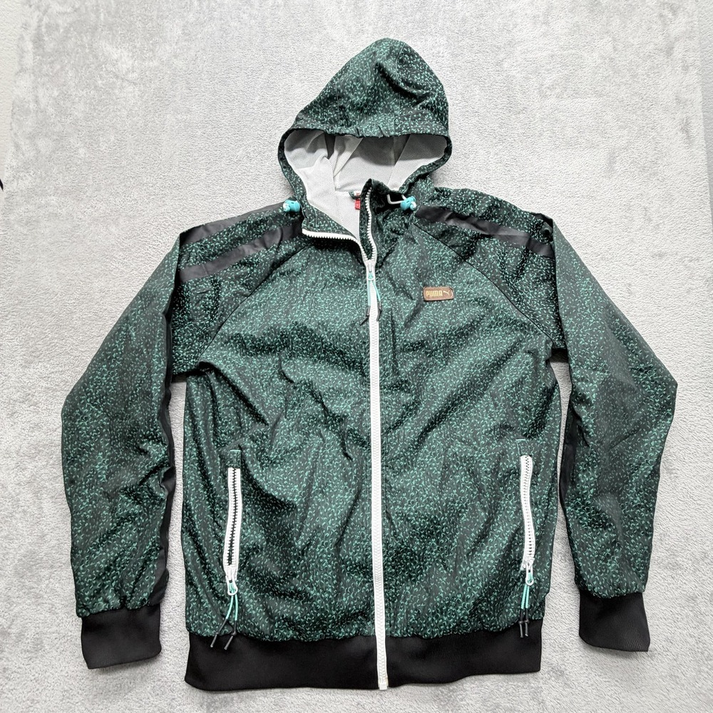 Puma Jacket Mens L Green Windbreaker Hooded Full Zip‎ Lined Pockets Animal Print